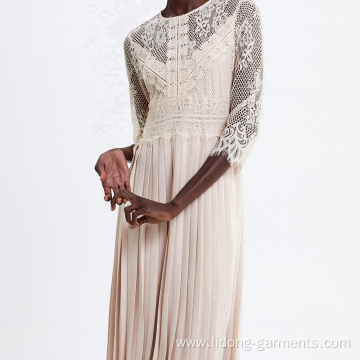 Women Long Sleeve Lace Embroidered Stitching Dress
